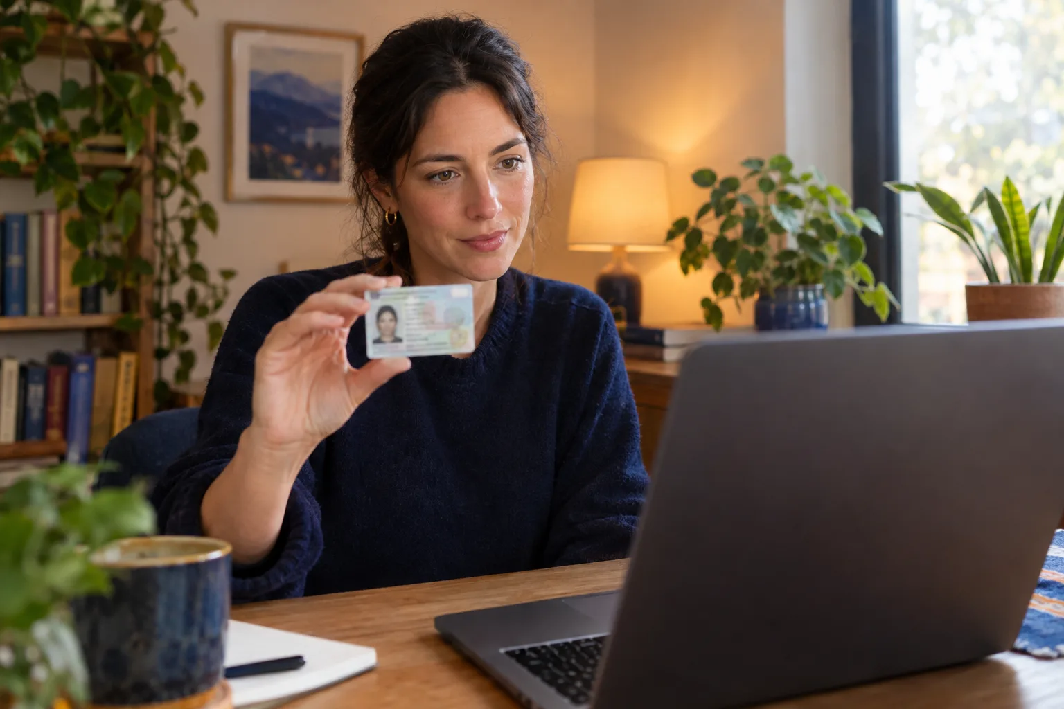 Remote authorized representative holding an ID up to a laptop webcam